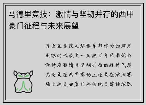 马德里竞技：激情与坚韧并存的西甲豪门征程与未来展望