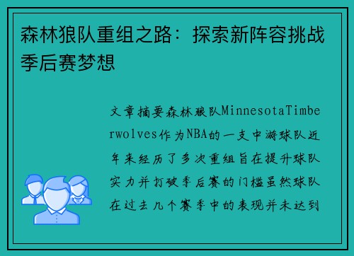 森林狼队重组之路：探索新阵容挑战季后赛梦想
