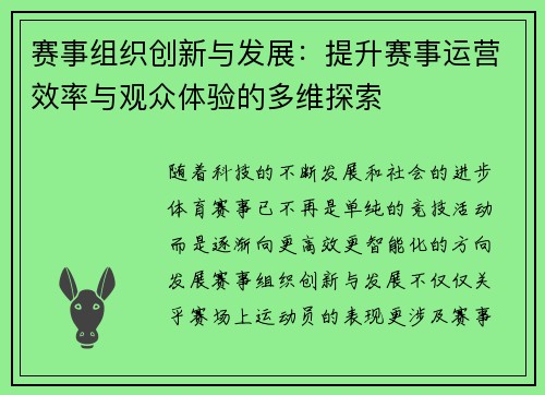 赛事组织创新与发展：提升赛事运营效率与观众体验的多维探索